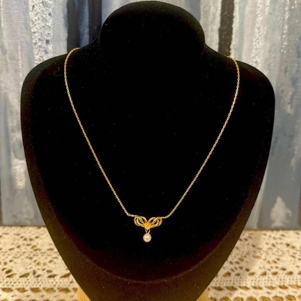 Vintage Dior Gold Bow Pearl Rhinestone Necklace Germany